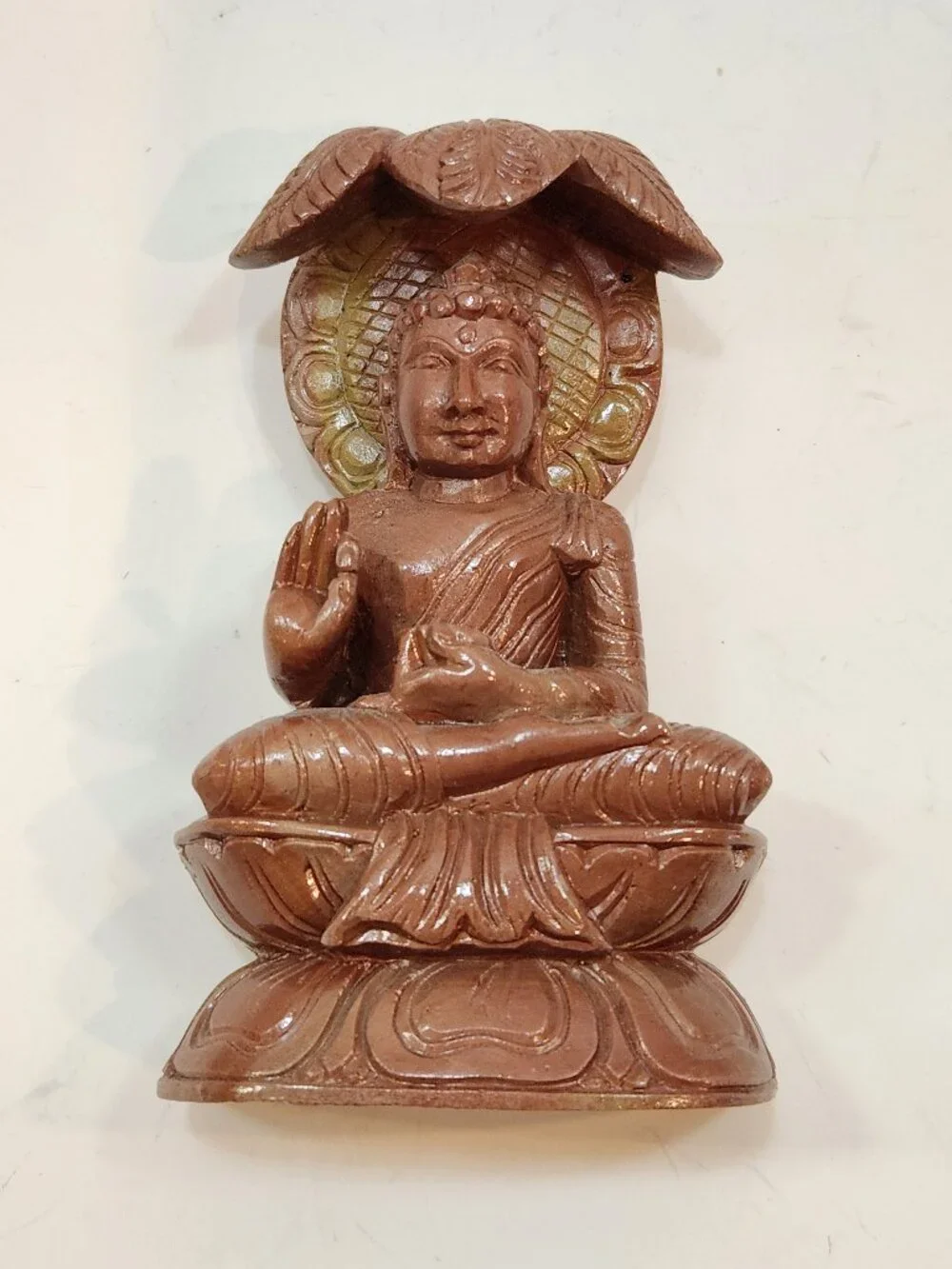 Hand-Carved Natural Soapstone Seated Buddha Statue with Bodhi Leaf Canopy